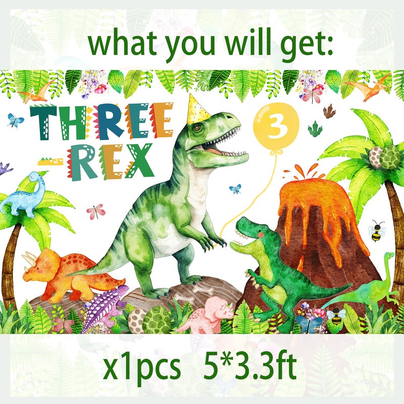 BIGKEOKI Three Rex Birthday Party Decorations Boy Dinosaur 3rd Birthday Party Banner Backdrop Jungle Leaves T-rex Dino Bday Photography Background 3 Rex Dinosaur Party Supplies Decorations (Green Dino 3rd) - Image 2